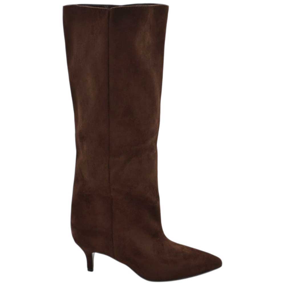 Stivali Slouchy in Camoscio Marrone a Punta con Tacco Basso kitten e gambale over trend