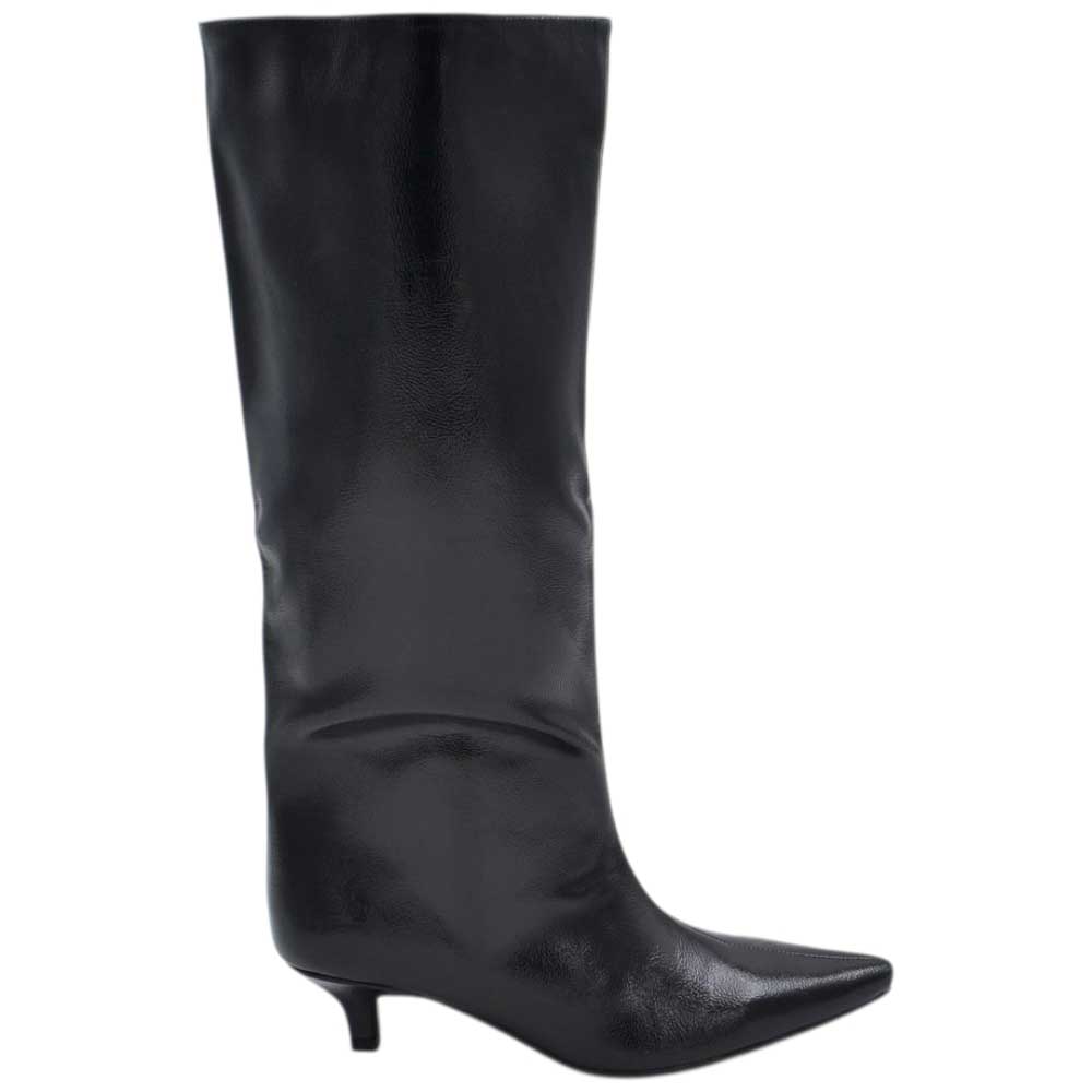 Stivali slouchy in vinile nero effetto wrap a punta con Tacco Basso stiletto gambale regular