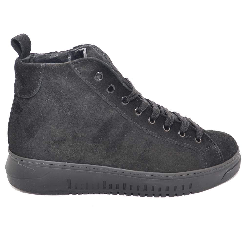 SNEAKERS UOMO ALTA IN VERA PELLE CAMOSCIO NERO CON FONDO ARMY NERO MADE IN ITALY