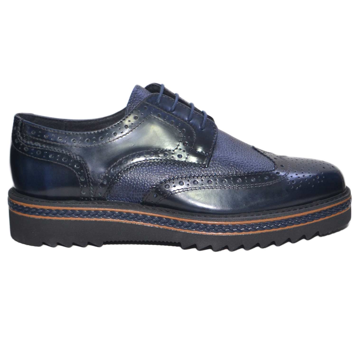  scarpe uomo stringate vera pelle abrasivato blu made in italy fondo antiscivolo treccia artigianale art gt93542