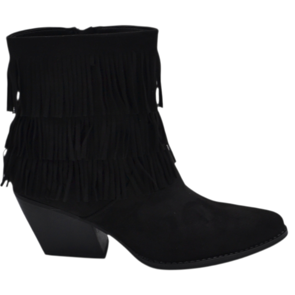 Tronchetto camperos donna in camoscio nero con frange punta tacco western 5 cm moda zip linea basic