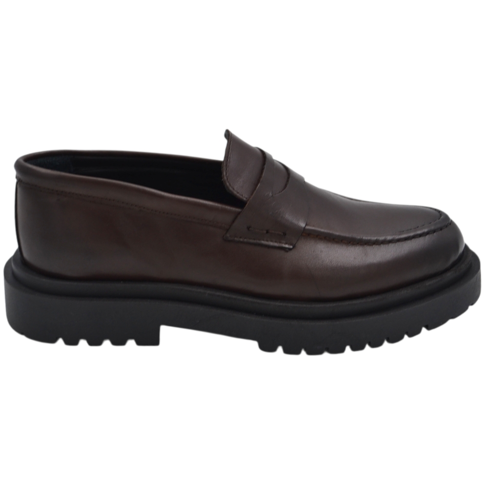 Scarpe uomo mocassino con bendina marrone vera pelle spazzolata effetto vintage fondo alto gomma zigrinato