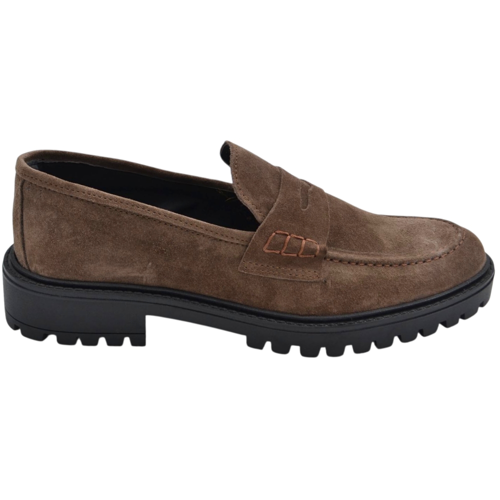 Scarpe uomo mocassino con bendina beige in vera pelle scamosciata business fondo gomma zigrinato alto