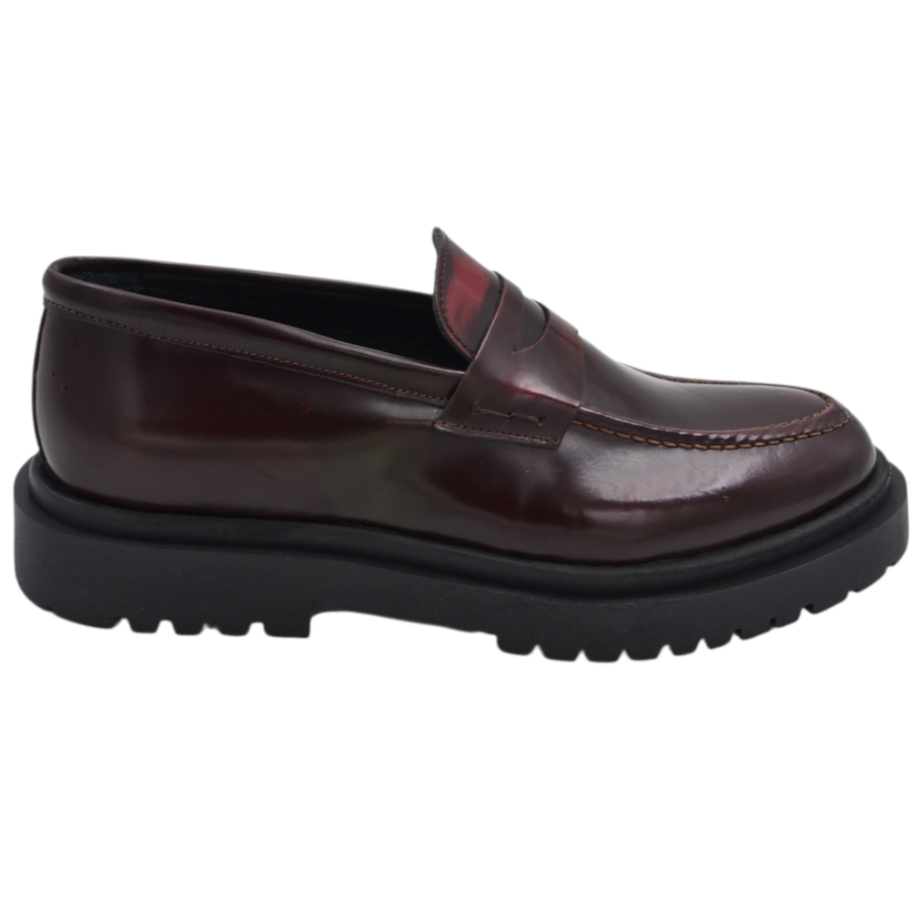 Scarpe uomo mocassino con bendina marrone vera pelle semilucida effetto vintage fondo alto gomma zigrinato