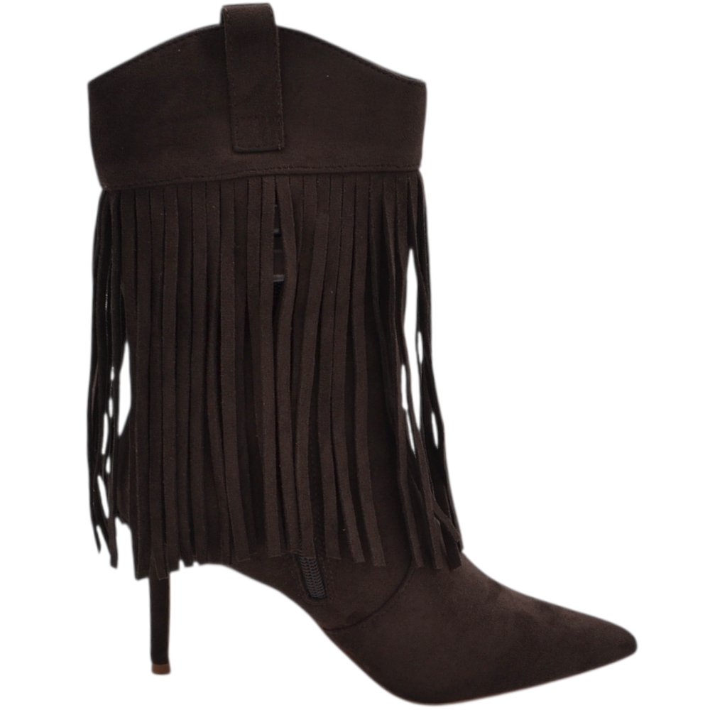 Stivaletto tronchetto donna meta' polpaccio a punta con frange camoscio marrone tacco a spillo 10 zip
