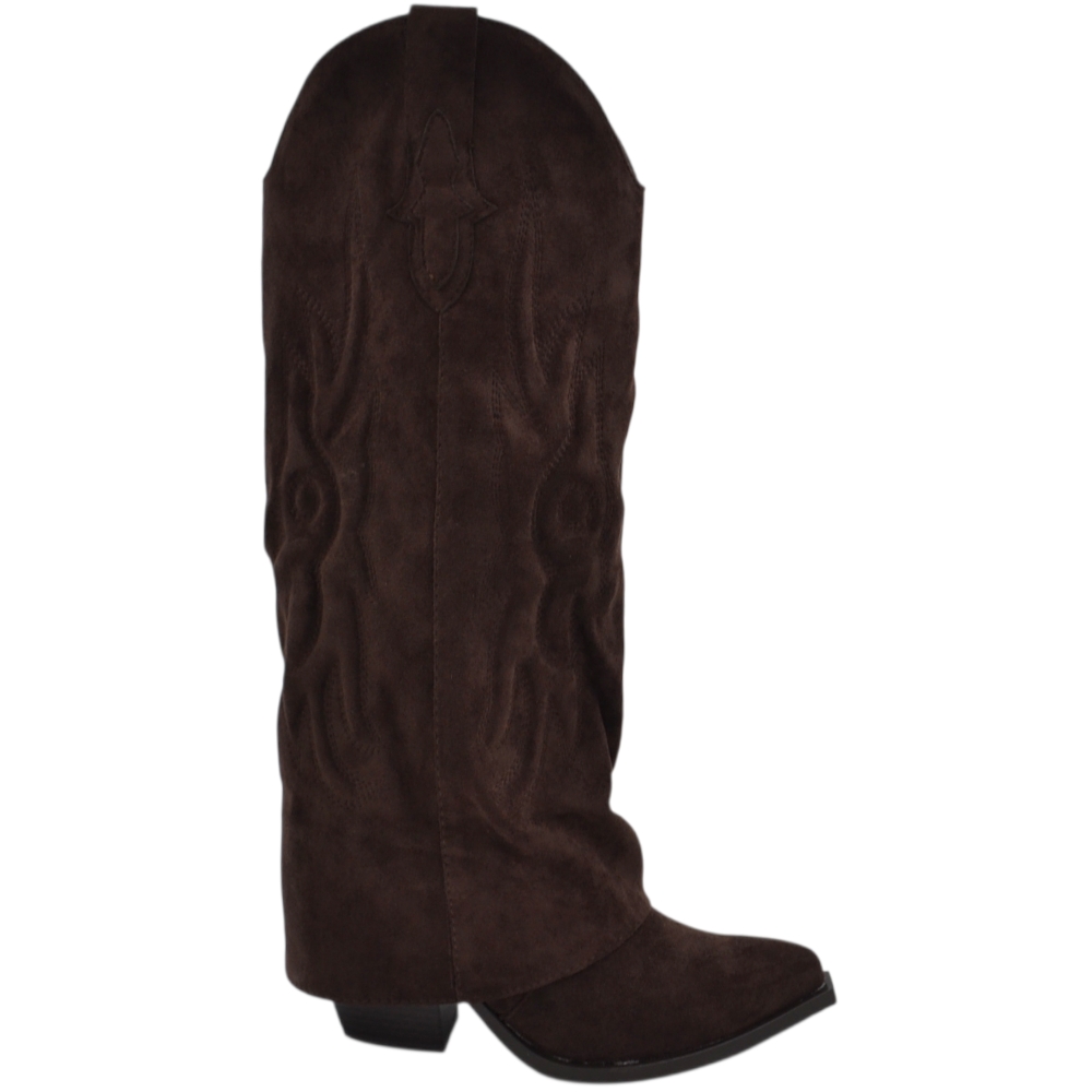 Stivali donna al ginocchio shark a punta in camoscio marrone risvolto scollo a V tacco western 5 cm zip interna.