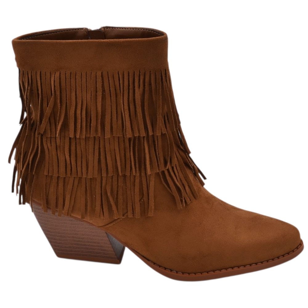 Tronchetto camperos donna in camoscio cuoio con frange punta tacco western 5 cm moda zip linea basic.