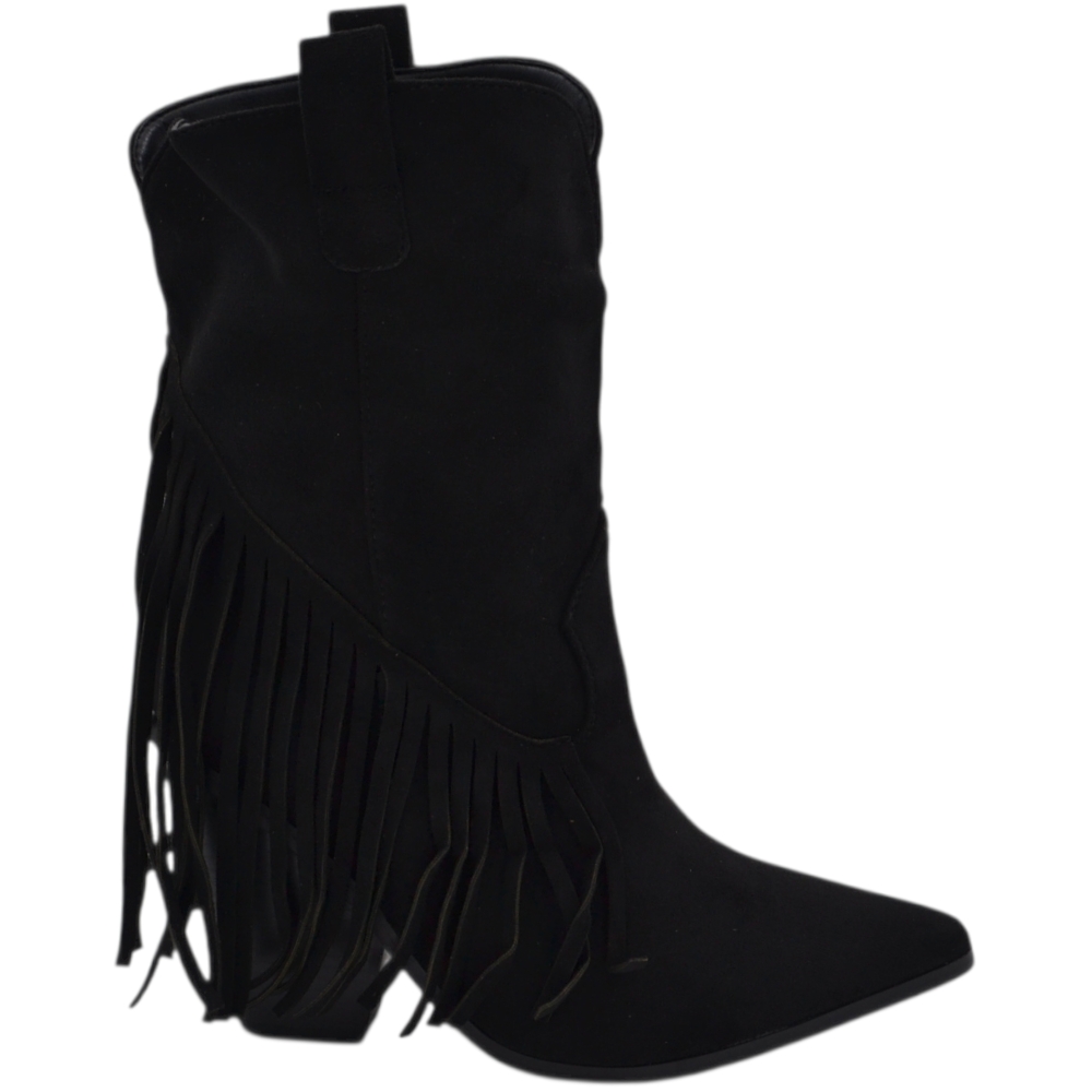 Tronchetto camperos donna in camoscio nero al polpaccio con frange punta tacco western 7 cm moda zip linea basic.