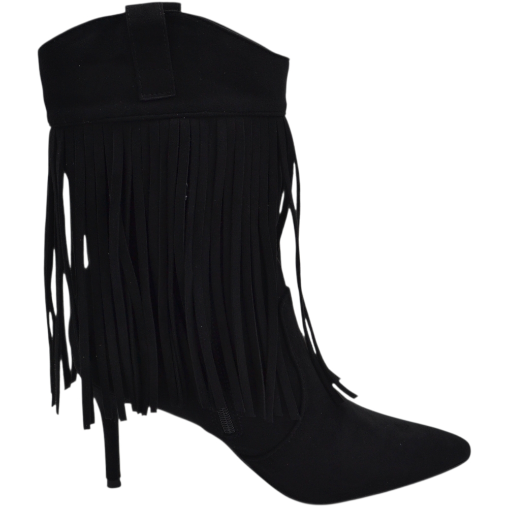 Stivaletto tronchetto donna meta' polpaccio a punta con frange camoscio nero tacco a spillo 10 zip.