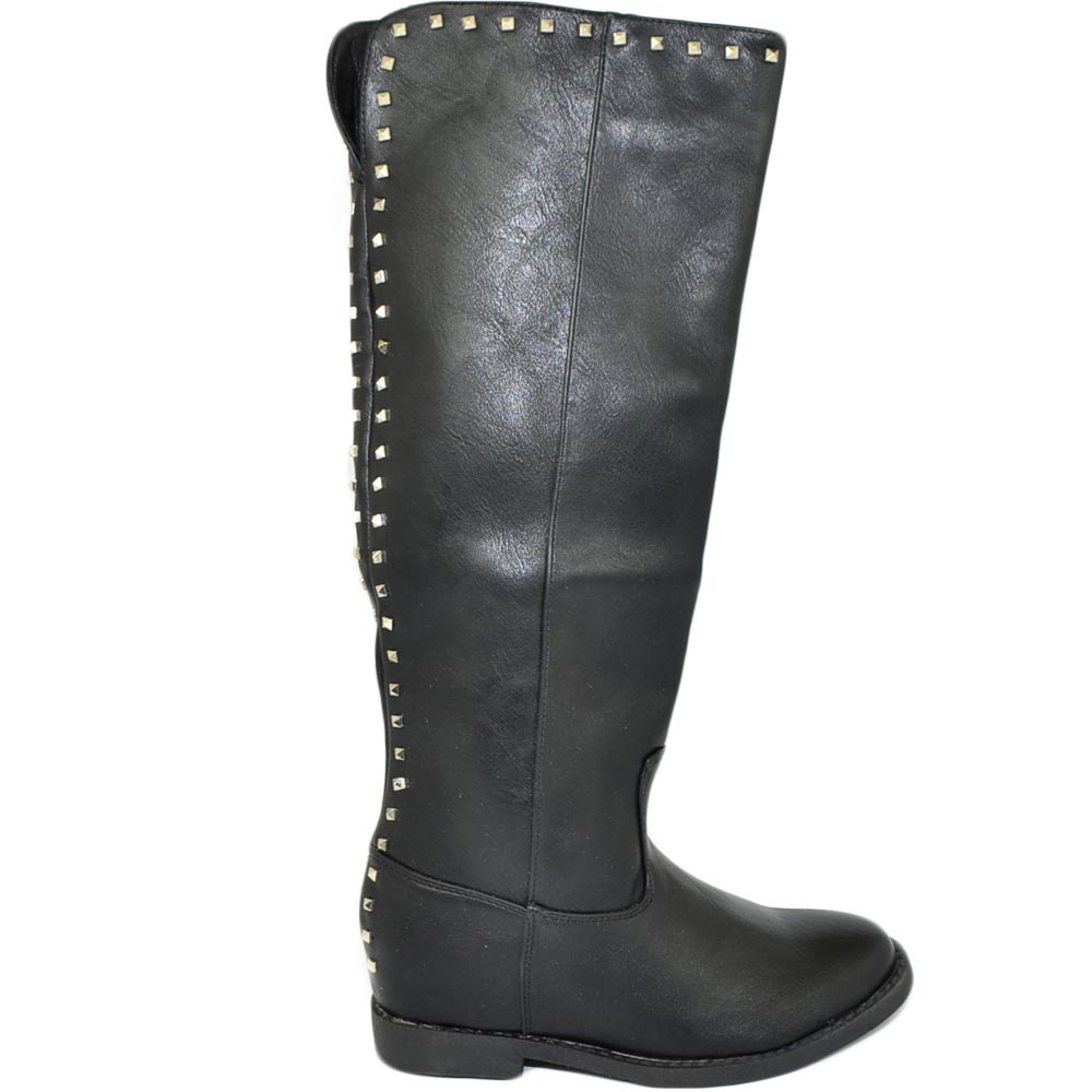 StivalI donna neri con para zeppa interna borchie argento zip punta tonda altezza  sopra ginocchio moda comodo