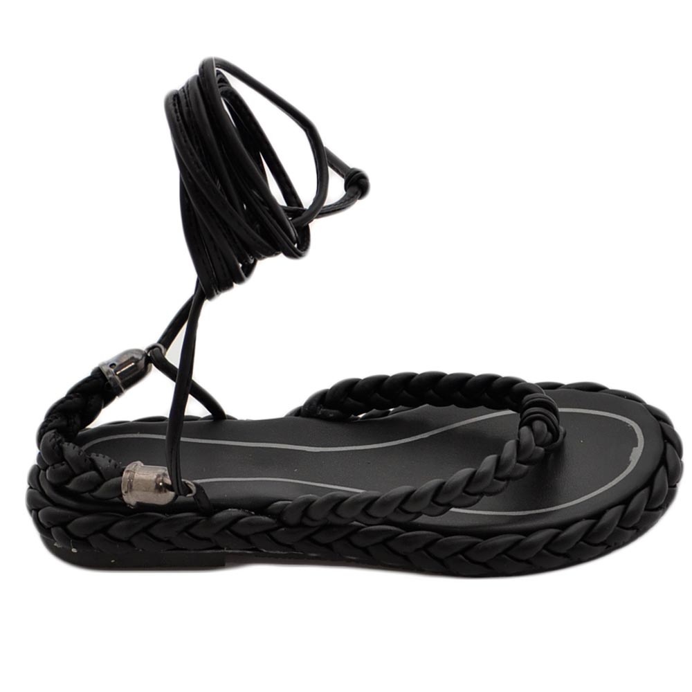 Sandali bassi donna nero infradito con corda intrecciato suola in gomma nera moda allacciato