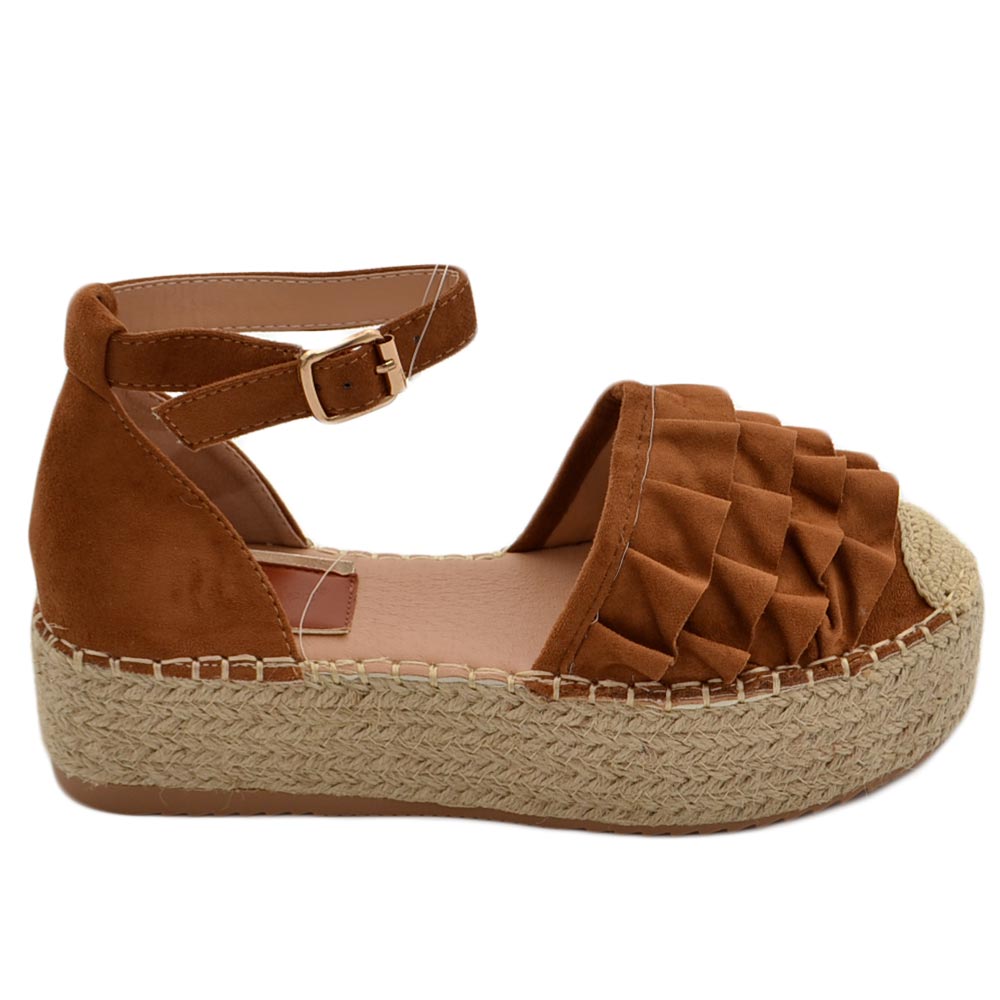 Espadrillas donna aperte ai lati in camoscio cuoio arricciato morbide comode con cinturino alla cavigliafondo paglia