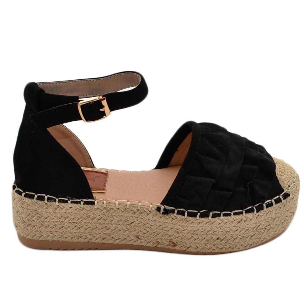 Espadrillas donna aperte ai lati in camoscio nero arricciato morbide comode con cinturino alla caviglia fondo paglia.