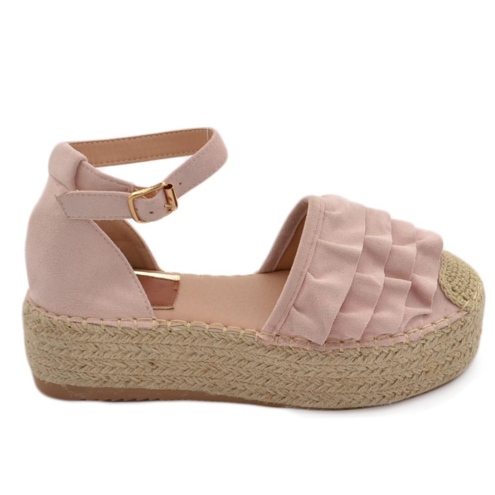 Espadrillas donna aperte ai lati in camoscio rosa cipria arricciato morbide comode cinturino alla caviglia fondo paglia