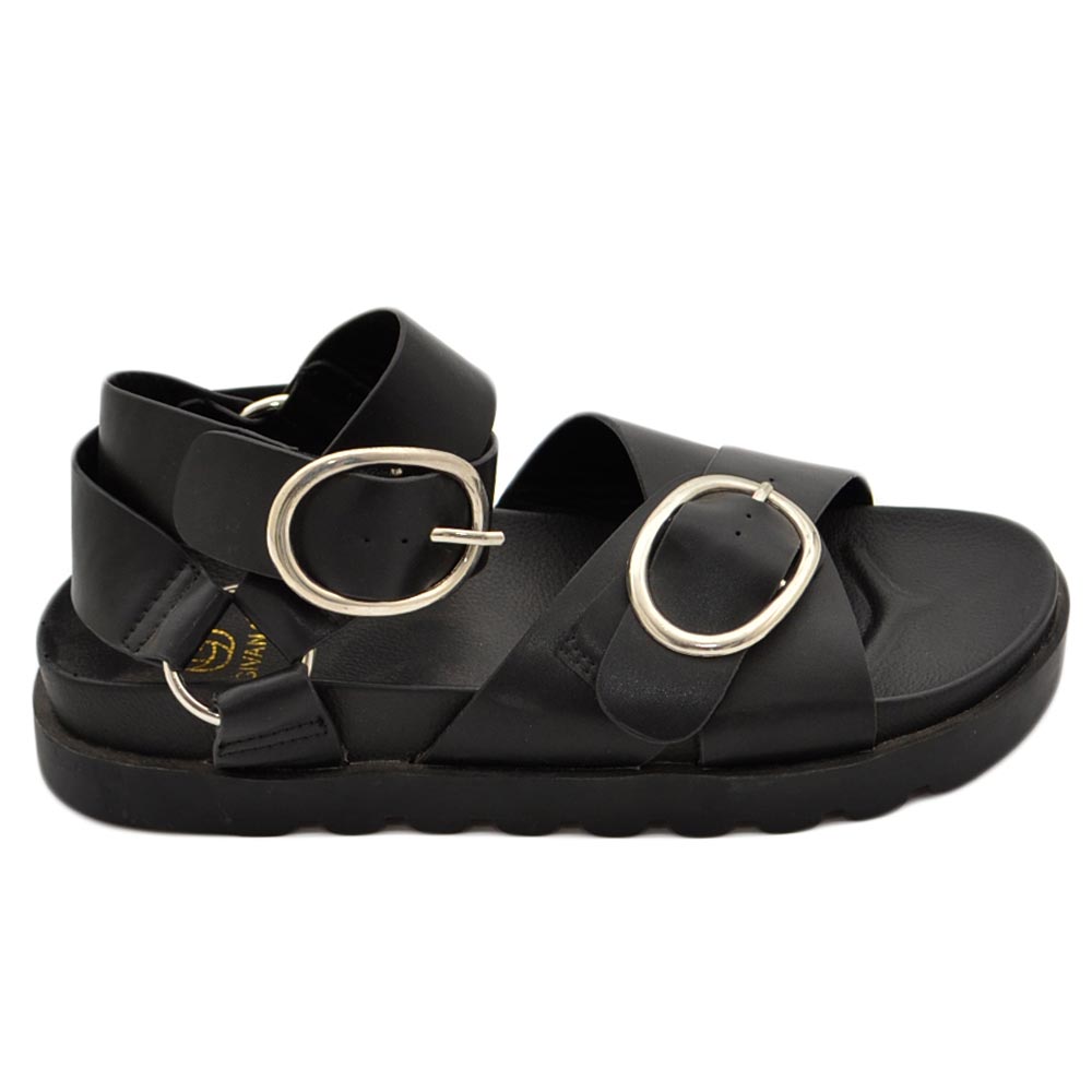 Sandali donna donna platform zeppa nero con fascia larga incrociata e cinturino alla caviglia comodo 
