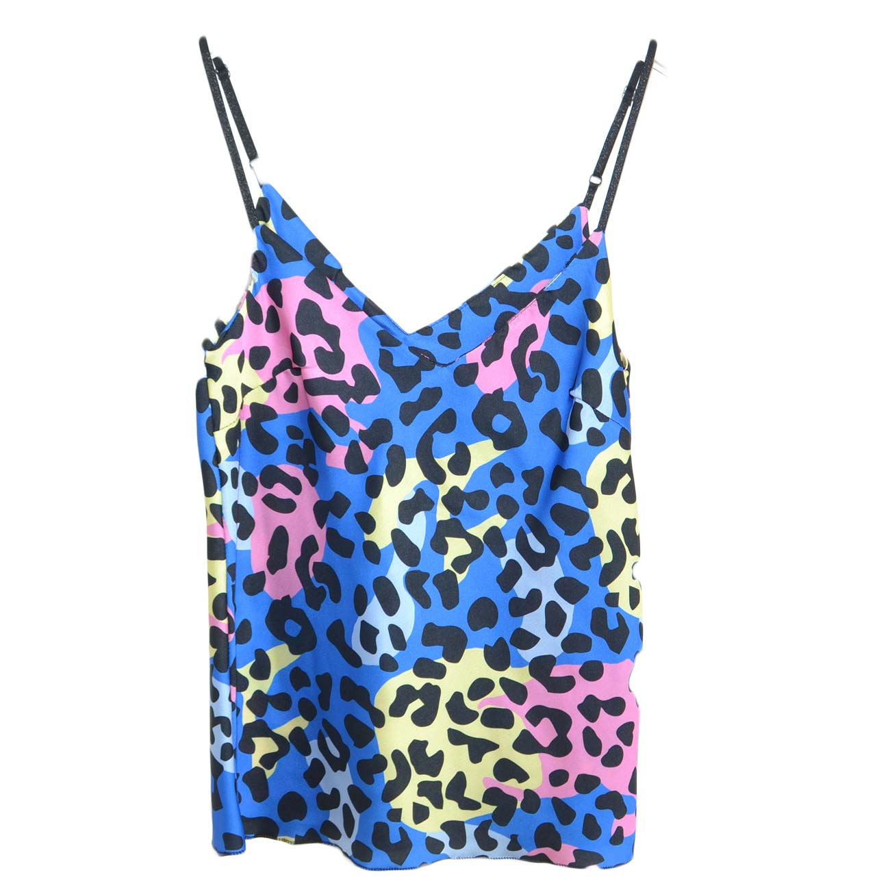 Canotta top sotto giacca donna in raso fantasia animalier blu con scollo moda basic giromanica bretella regolabile