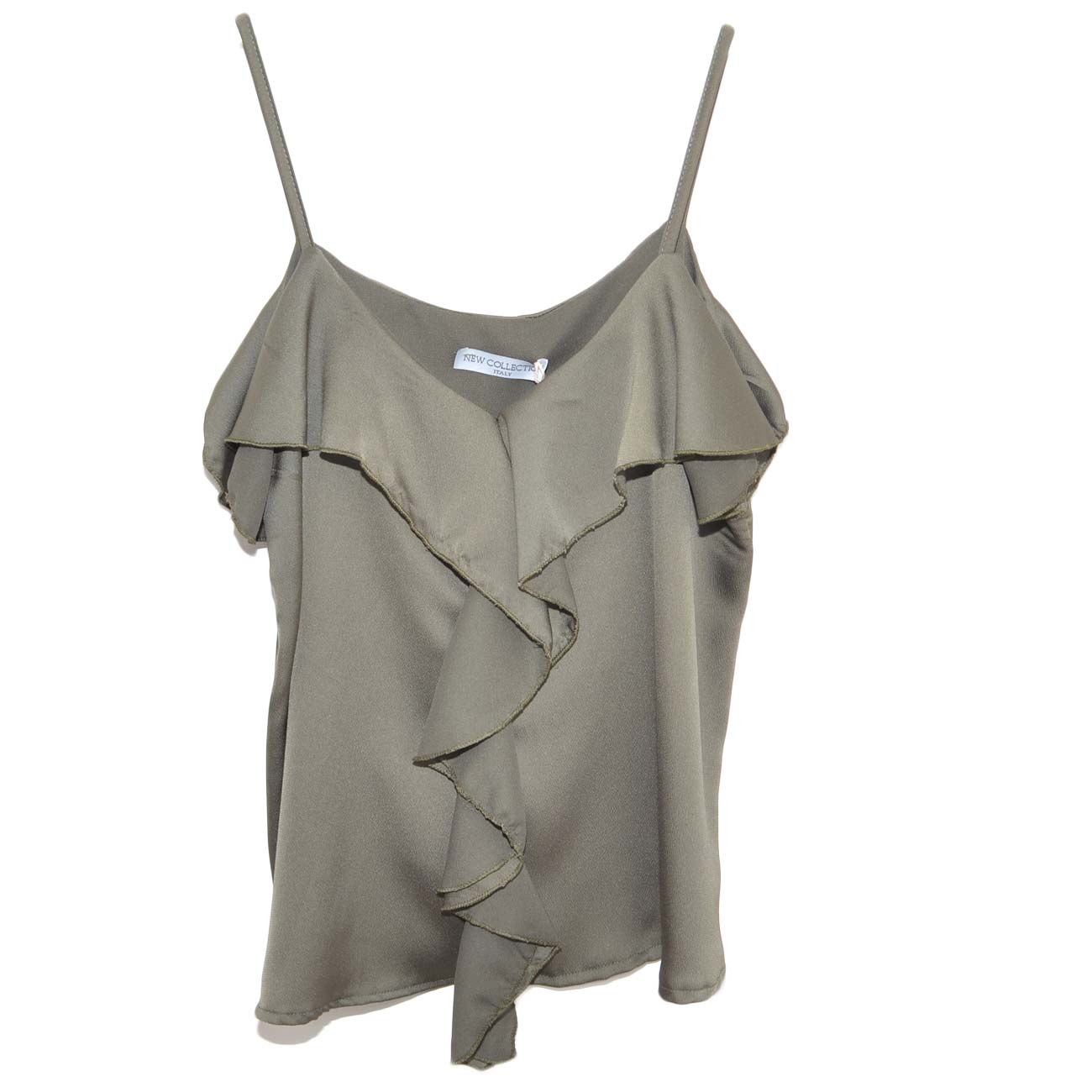 Canotta top sotto giacca donna in raso verde militare con volant e scollo a V moda basic giromanica bretella regolabile
