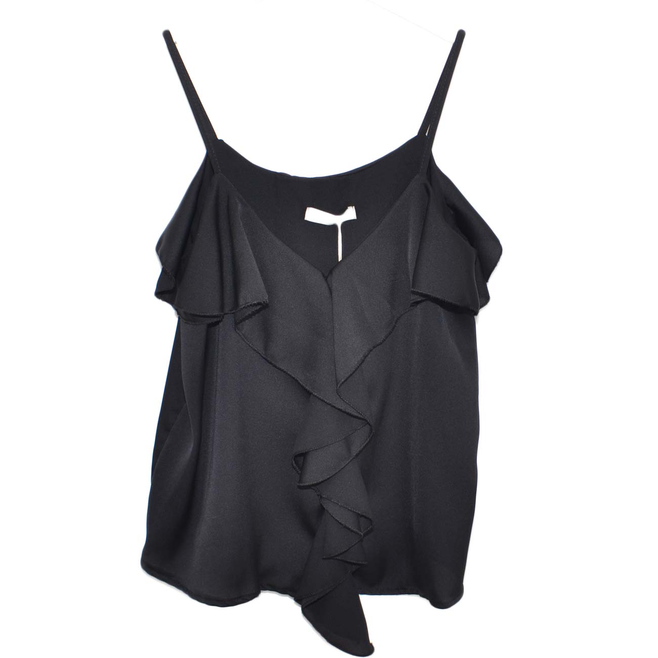 Canotta top sotto giacca donna in raso nero con volant e scollo a V moda basic giromanica bretella regolabile