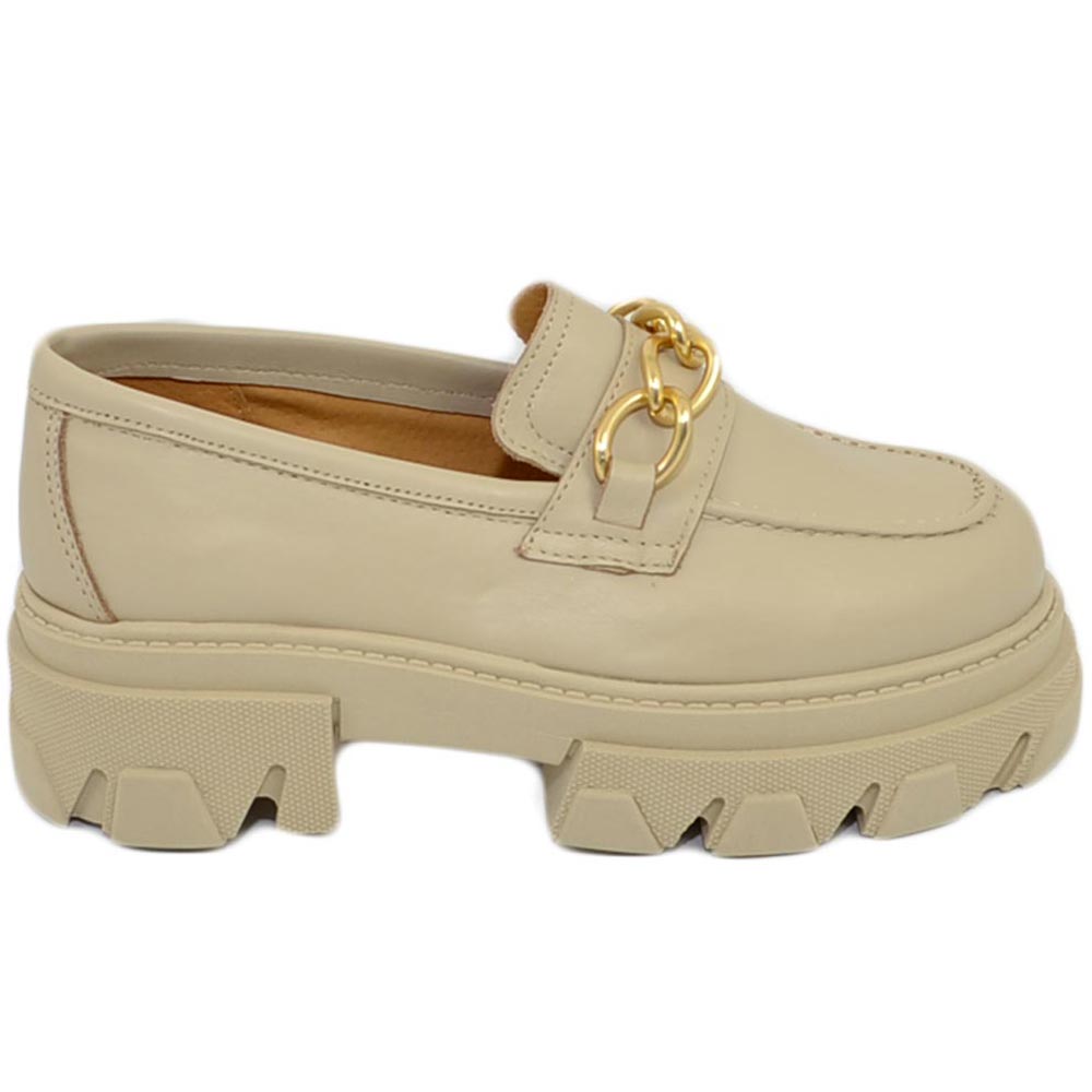 Mocassini donna combat college beige catena fondo platform in gomma light in vera pelle Made in Italy moda tendenza 
