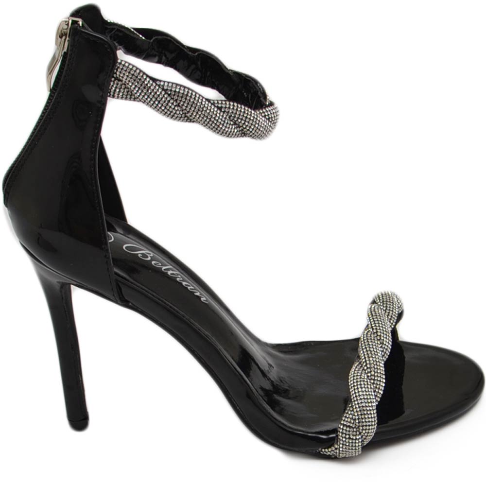 Sandali gioiello donna nero in vernice treccia di strass sulla caviglia piede tacco a spillo 12 elegante 