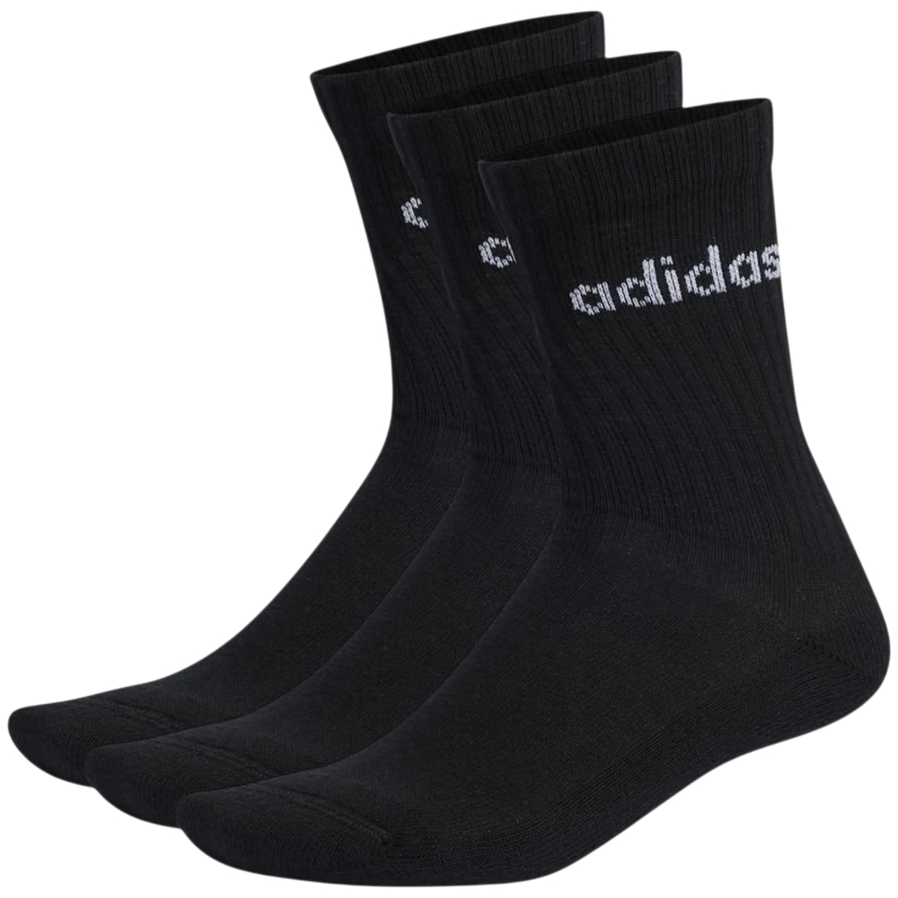Calze Linear Cushioned Adidas di colore nero con scritta bianca 