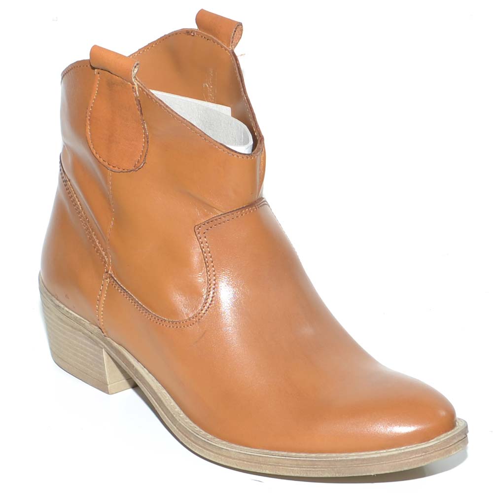 Camperos donna stivali texani tipo western cuoio in vera pelle liscia altezza caviglia moda basic handmade in italy