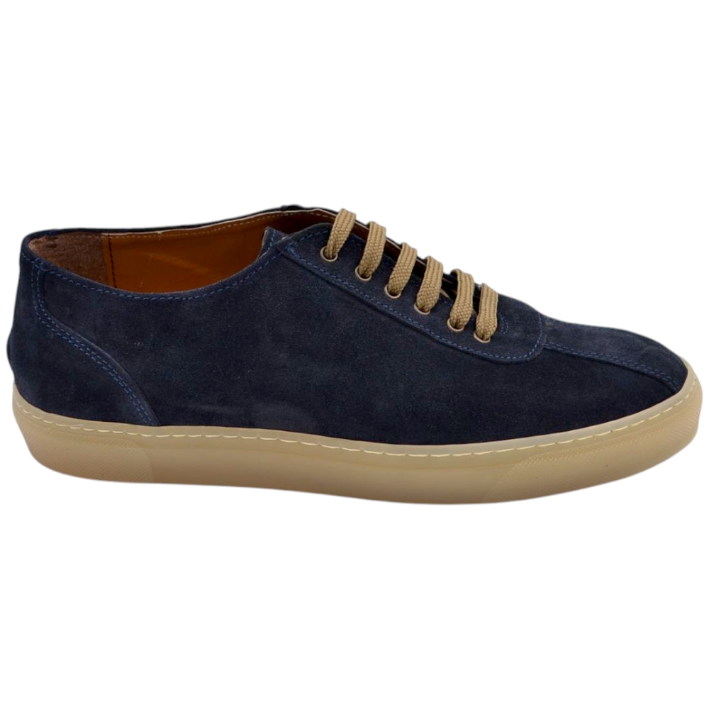 SNEAKERS UOMO BASSA IN VERA PELLE CAMOSCIO BLU FONDO BASSO GOMMA BEIGE 2 CM MADE IN ITALY MODA