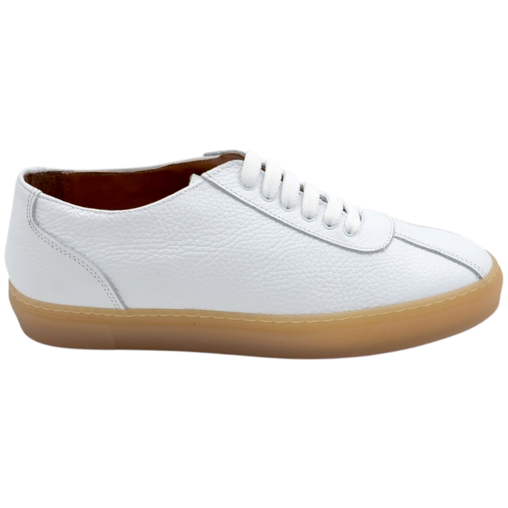 SNEAKERS UOMO BASSA IN VERA PELLE BOTTOLATA BIANCA FONDO BASSO GOMMA BEIGE 2 CM MADE IN ITALY MODA.
