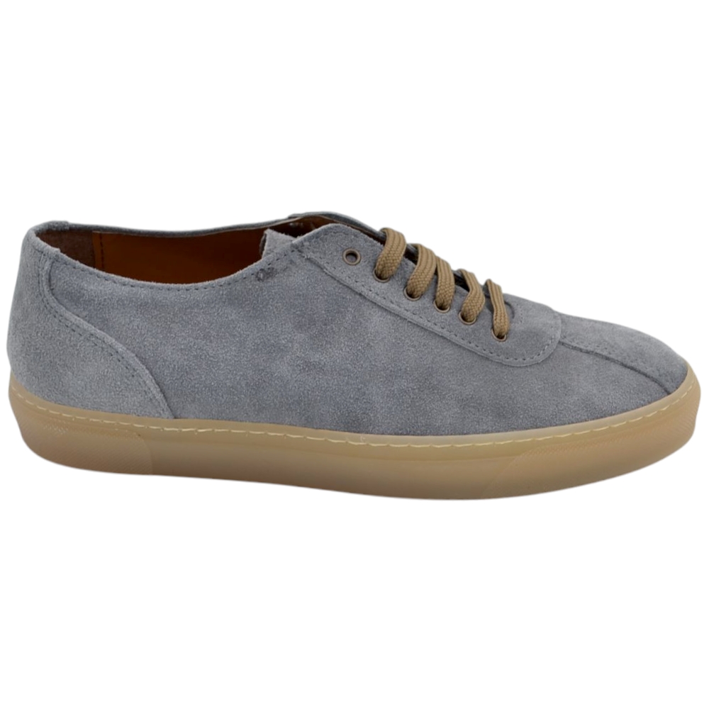SNEAKERS UOMO BASSA IN VERA PELLE CAMOSCIO GRIGIO FONDO BASSO GOMMA BEIGE 2 CM MADE IN ITALY MODA