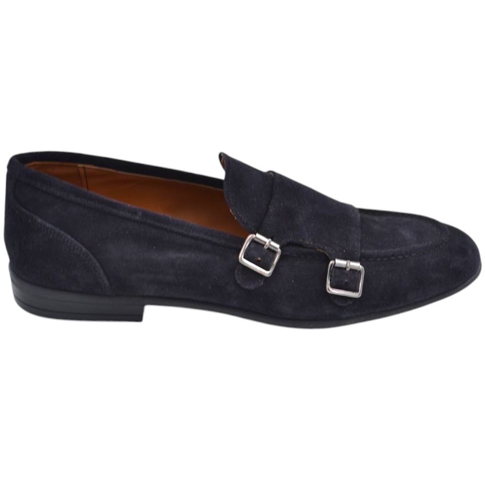 Mocassino uomo doppia fibbia in vera pelle scamosciata blu con fondo sottile in gomma handmade in italy