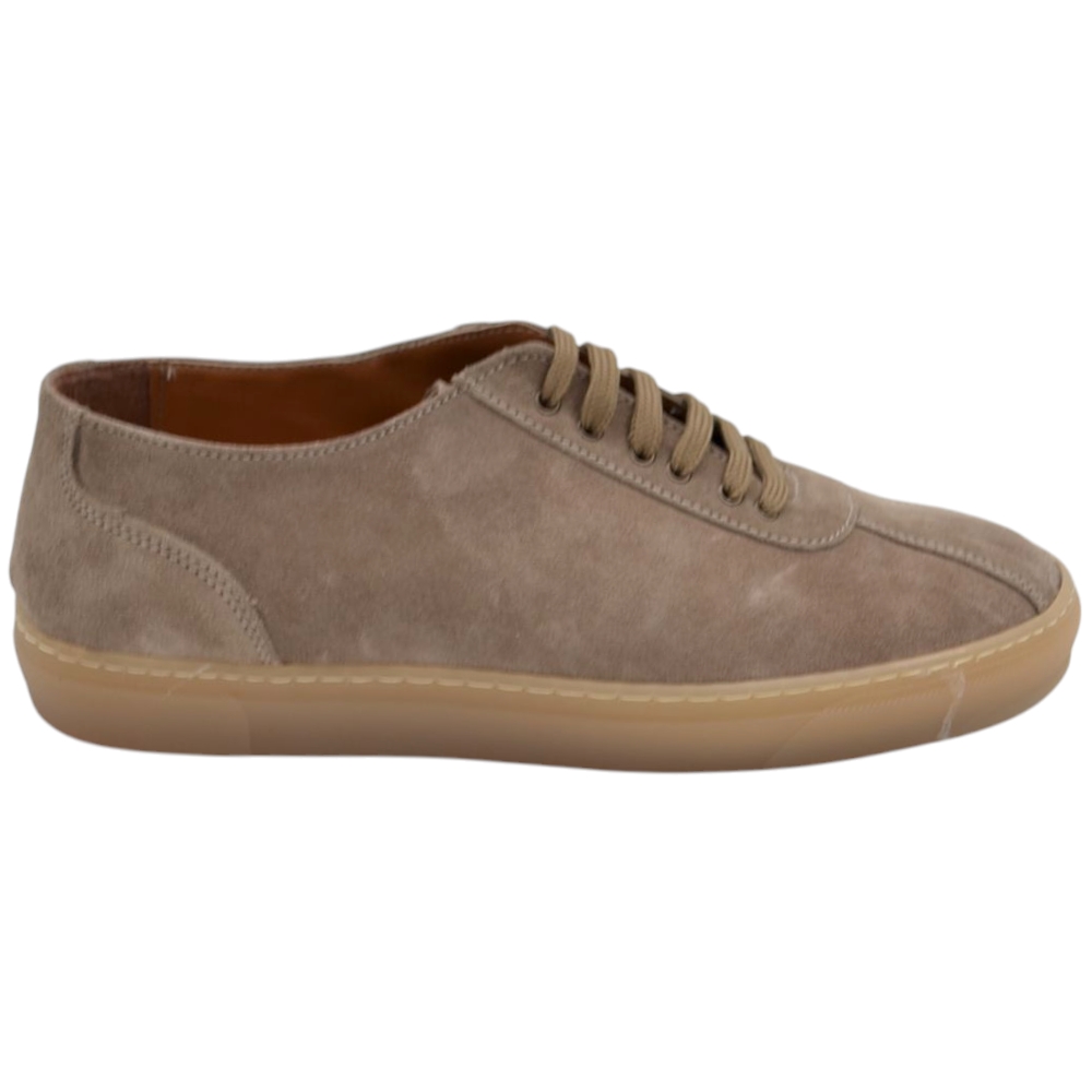 SNEAKERS UOMO BASSA IN VERA PELLE CAMOSCIO FANGO FONDO BASSO GOMMA BEIGE 2 CM MADE IN ITALY MODA