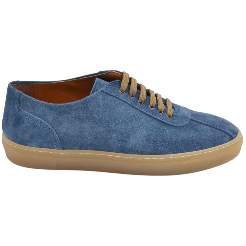 SNEAKERS UOMO BASSA IN VERA PELLE CAMOSCIO CELESTE FONDO BASSO GOMMA BEIGE 2 CM MADE IN ITALY MODA