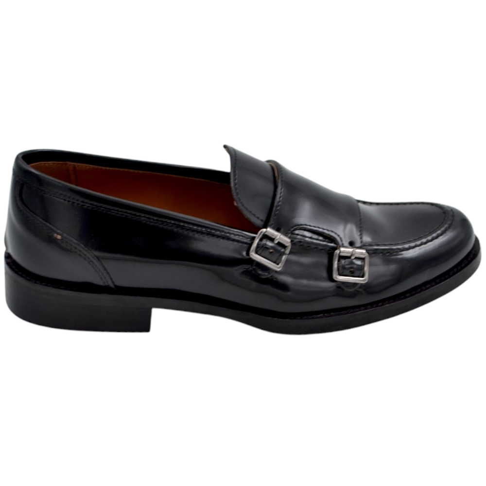 Scarpe uomo mocassino nero fibbia doppia argento in vera pelle semilucida business fondo vero cuoio con antiscivolo