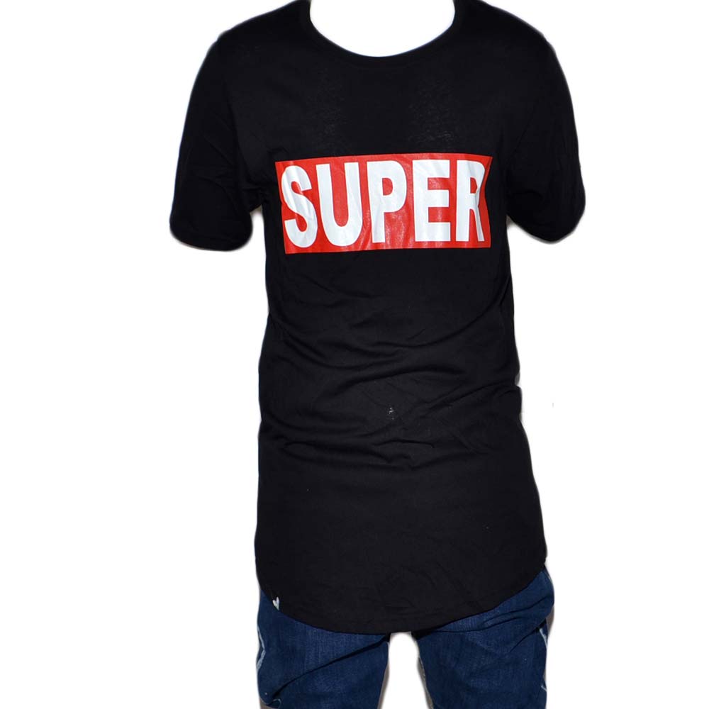 T-shirt uomo minimale a girocollo tinta unita nera con stampa '' SUPER .