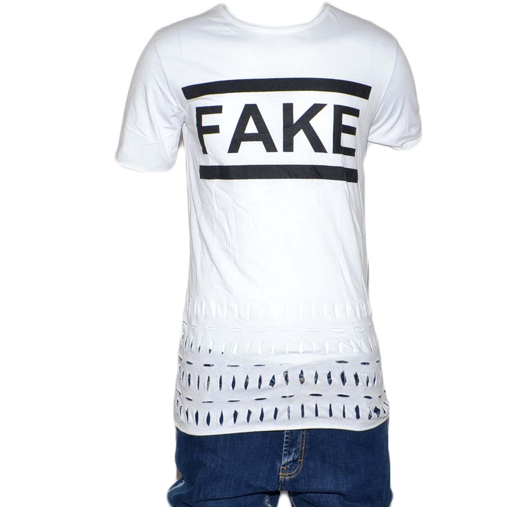 t-shirt man uomo stampato bianco white fake fantasia taglia moda uomo man moda giovanile.