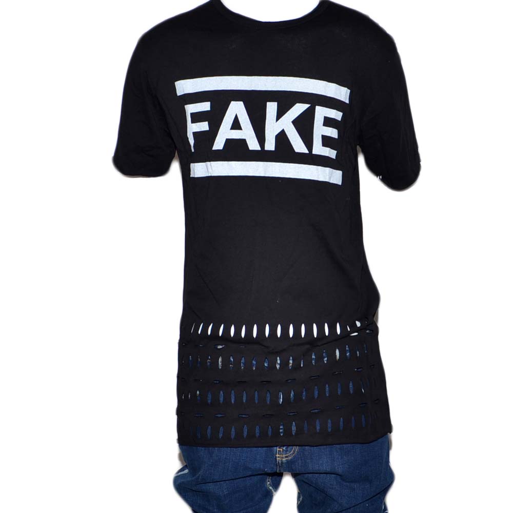 T-shirt uomo nero basic con fori black e stampa fake slim fit estate moda giovanile.