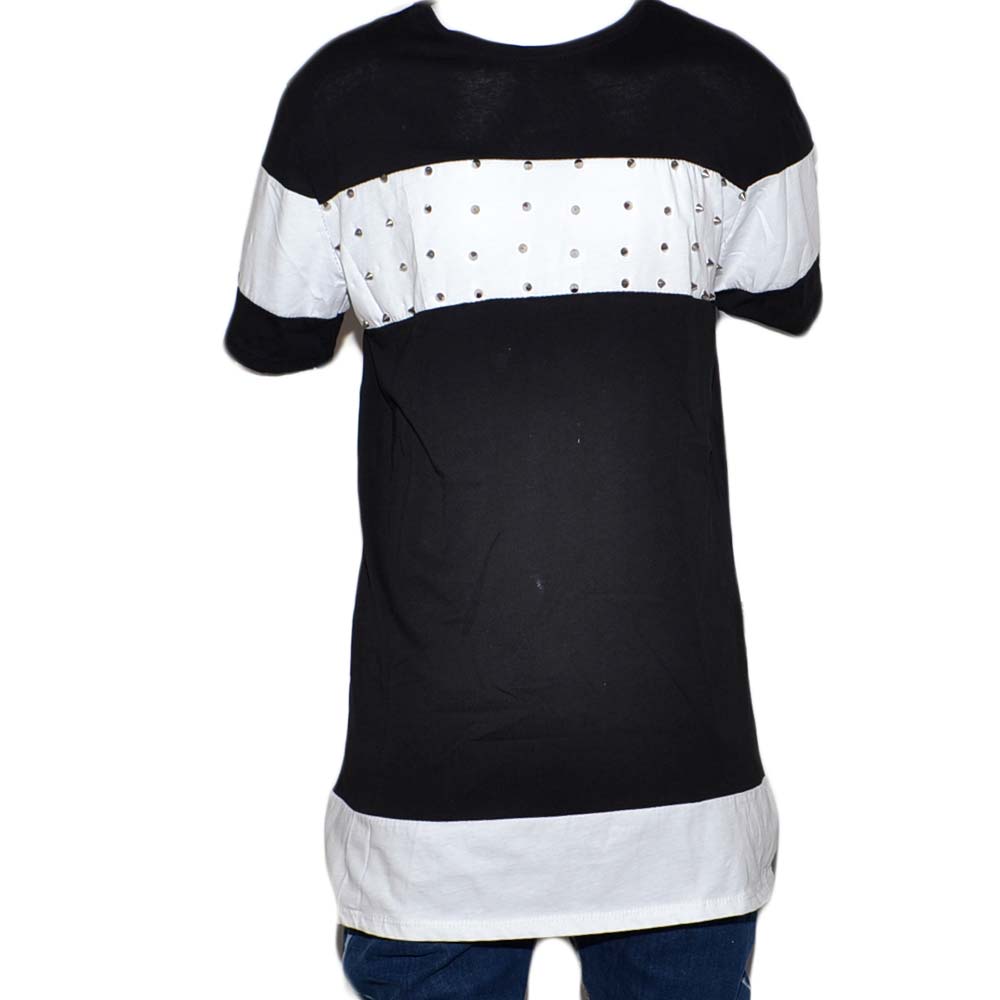 T-Shirt maglietta bicolore nero bianco made in italy collo rotondo borchie cucito artigianalmente moda estate
