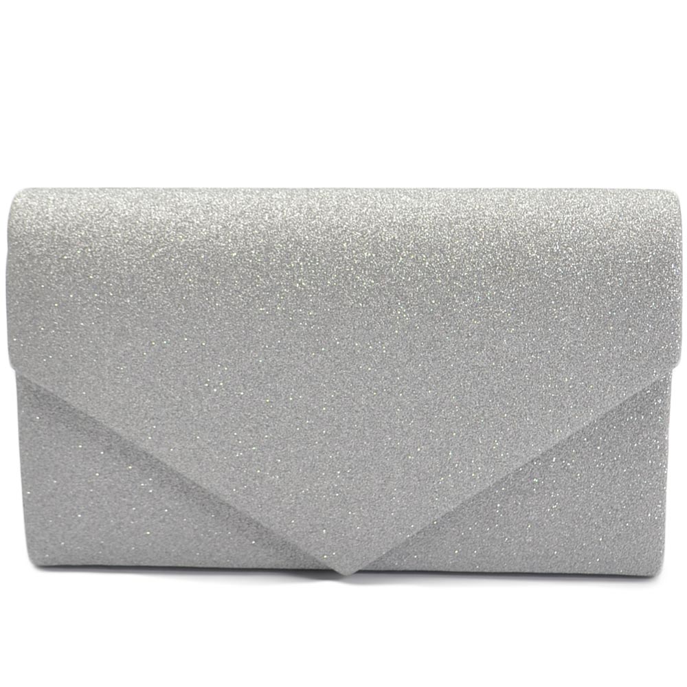 Pochette donna rettangolare a forma di lettera busta in pu argento satinato glitter catena linea basic made in italy.