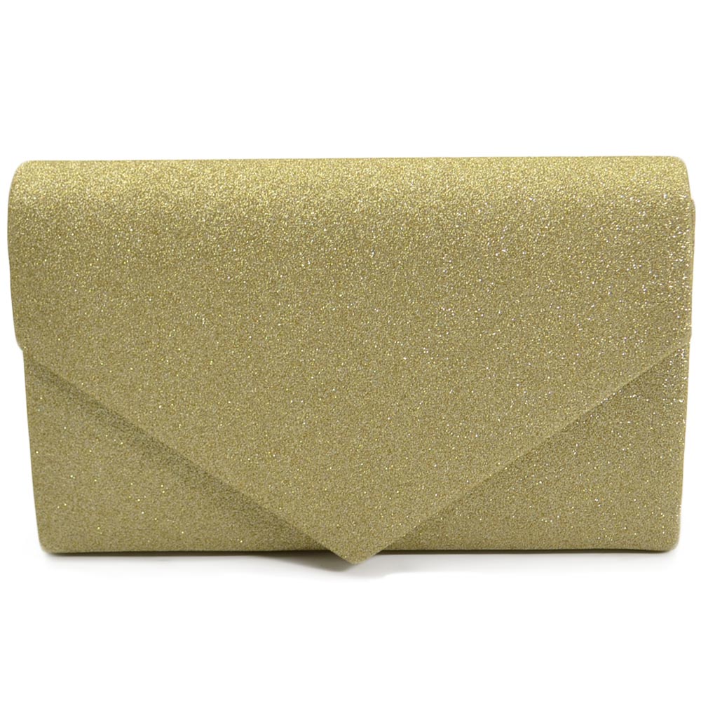 Pochette donna rettangolare forma di lettera busta in pu oro satinato glitter catena taschino linea basic made in italy.