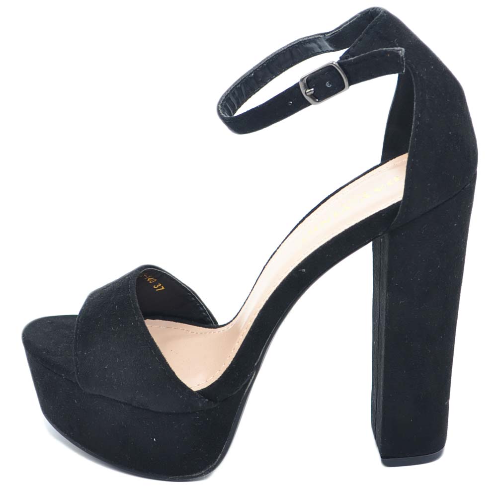 Sandalo donna nero con plateau e tacco largo alto 14 cm in camoscio con  cinturin | eBay