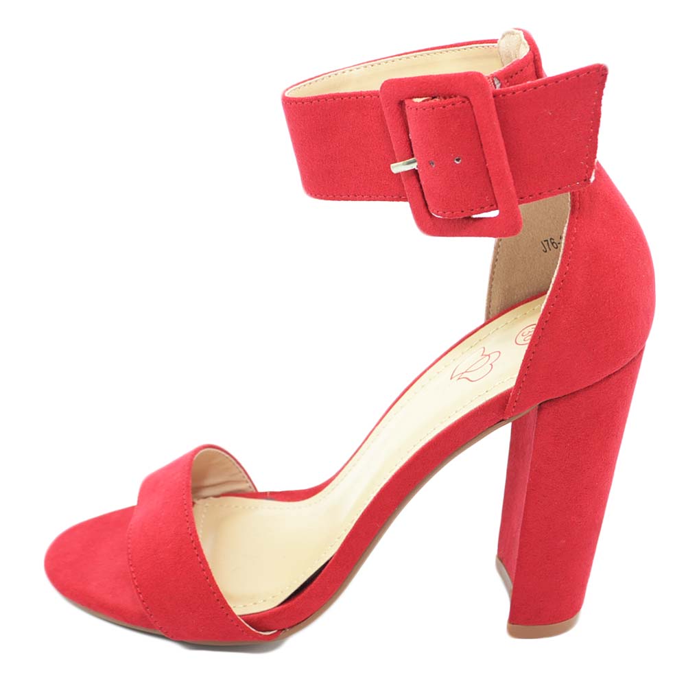 Sandalo donna rosso vivo con cinturino alla caviglia e tacco largo moda linea basic calzata comoda e pratica