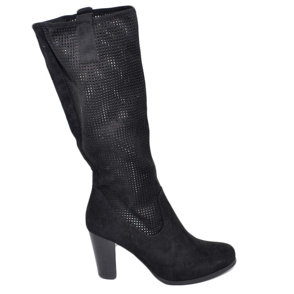 Stivali donna nero con plateau estivi gambale traforato altezza polpaccio con tacco grosso comodo e zip