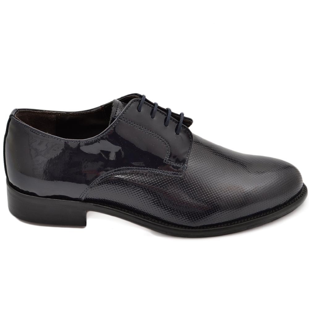 Scarpe uomo stringate classiche vernice e pelle lucida blu puntinato made in italy fondo vero cuoio antiscivolo eleganti.