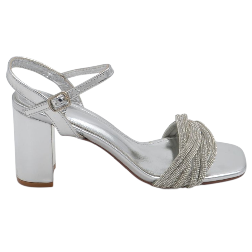 Sandalo Donna Argento con Tacco Largo e Fascia Intrecciata Brillante