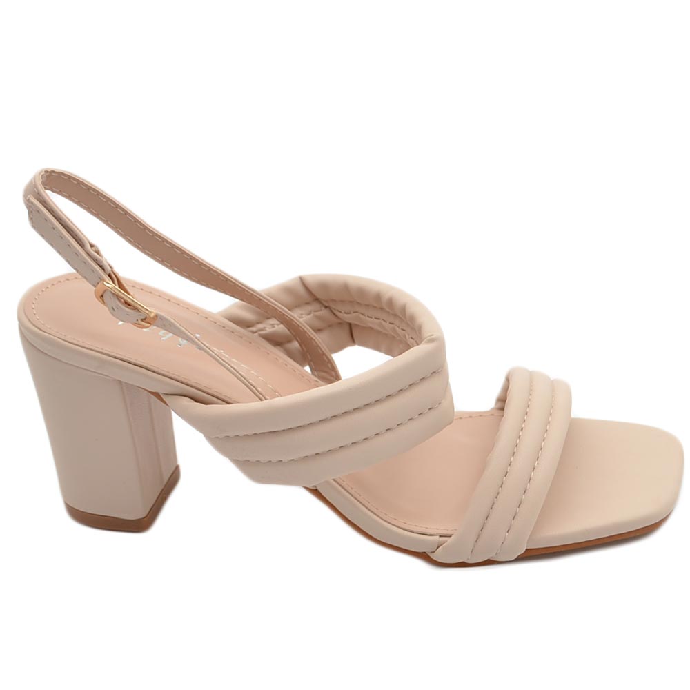 Sandalo donna beige nude sabot con tacco largo comodo 5 cm doppia fascia effetto imbottito moda estate .