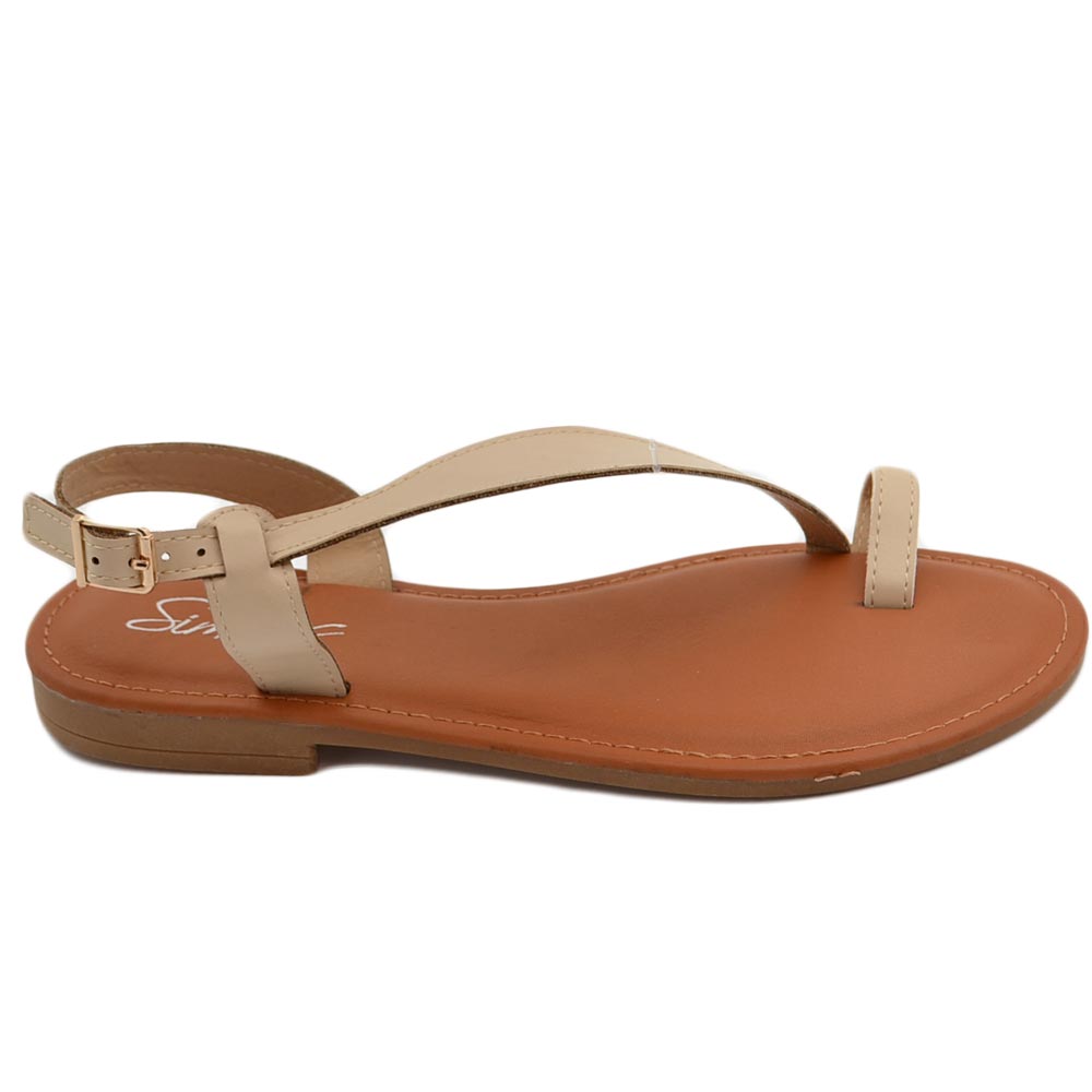 SANDALO BASSO DONNA IN ECOPELLE BEIGE INTRADITO CON POLLICE SEPARATO CHIUSURA ALLA CAVIGLIA FONDO IMBOTTITO MEMORY