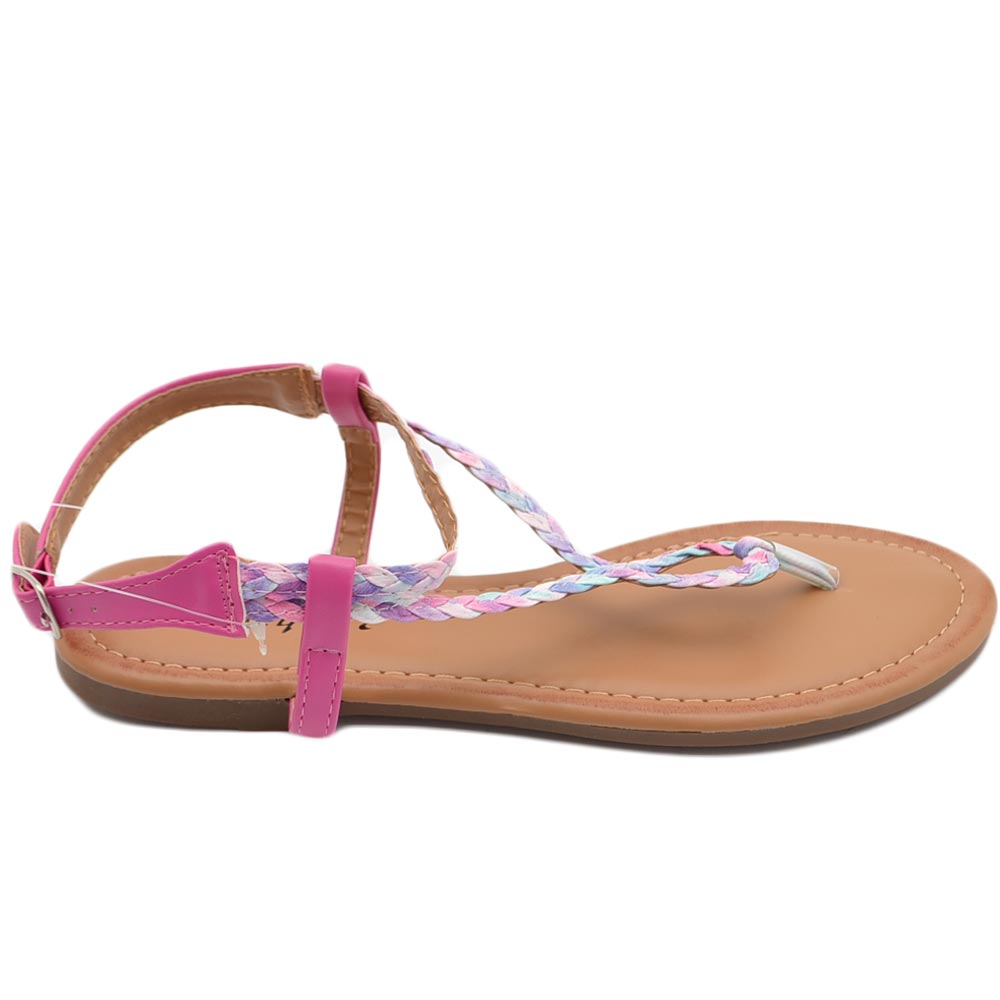 Sandalo basso infradito donna fucsia con intreccio multicolor cinturino alla caviglia antiscivolo fondo imbottito memory