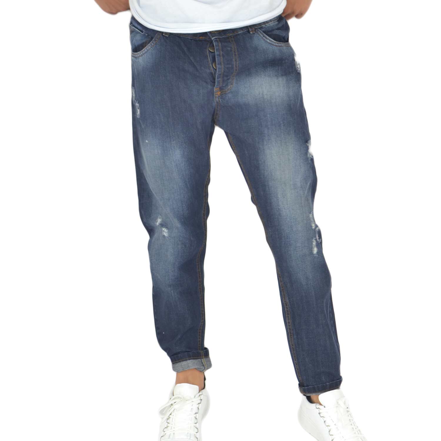 Pantaloni Jeans scuro denim biker. Skinny fit.Chiusura con bottone e cerniera.Cinque tasche. strappo moda
