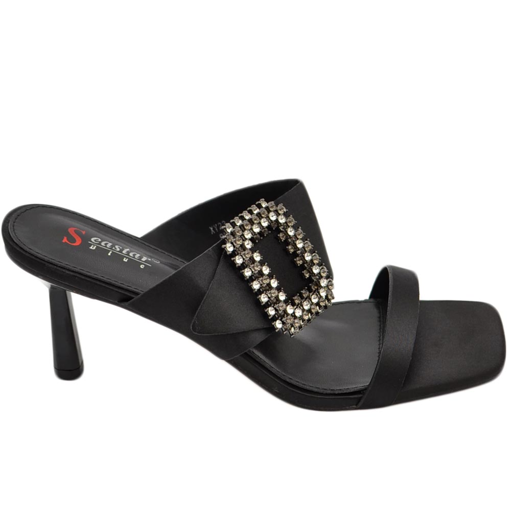 Sandalo donna nero mules sabot in raso con tacco sottile 10 doppia fascia con fibbia oro moda estate.