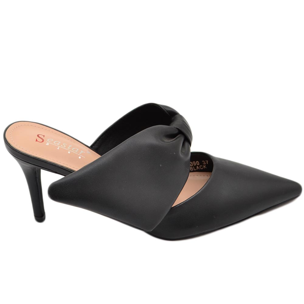 Decollete' donna tacco sottile 7 comfort nero in raso con fiocco open toe morbido moda glamour evento
